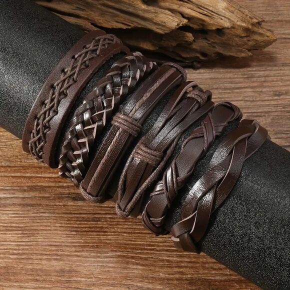 6pcs Vintage Style Braided Bracelet Set, PU Leather - Picture 4 of 4